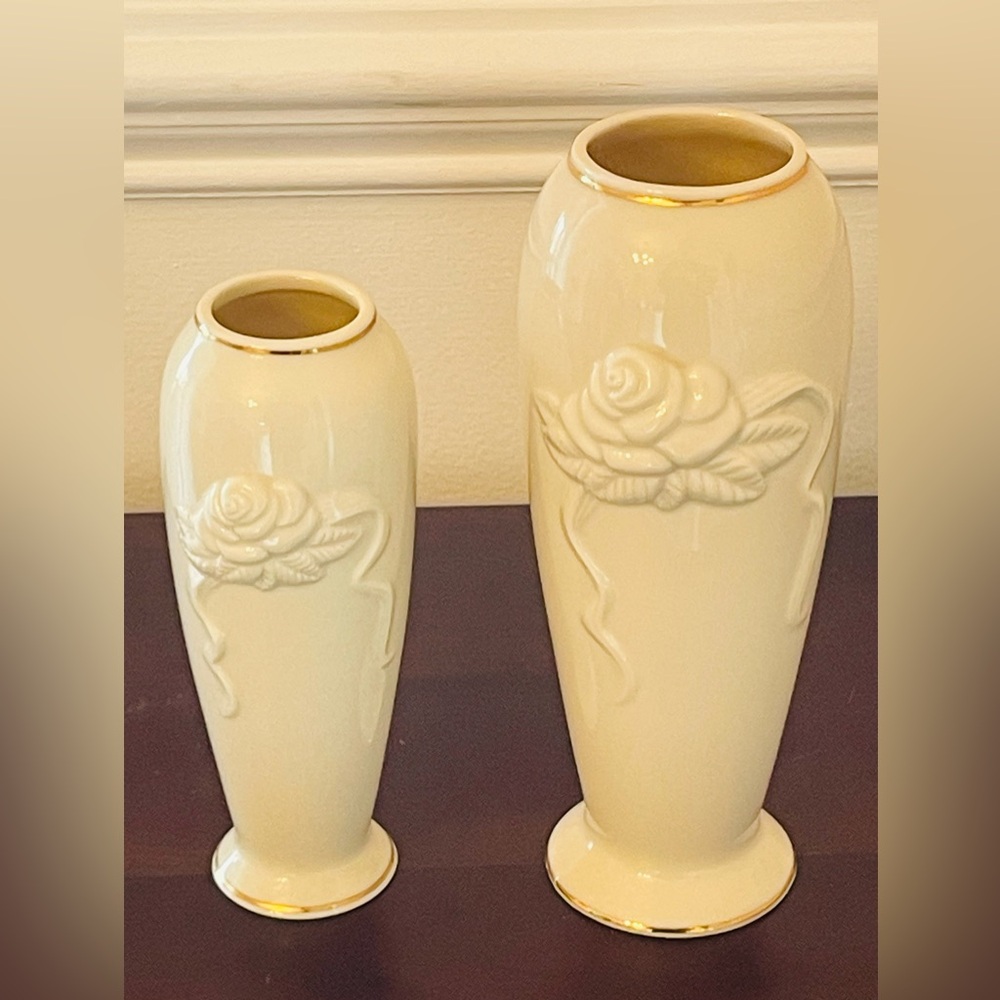 Lenox Ivory Bud Vase Set Rose Relief 24K  Gold Trim Porcelain Pair